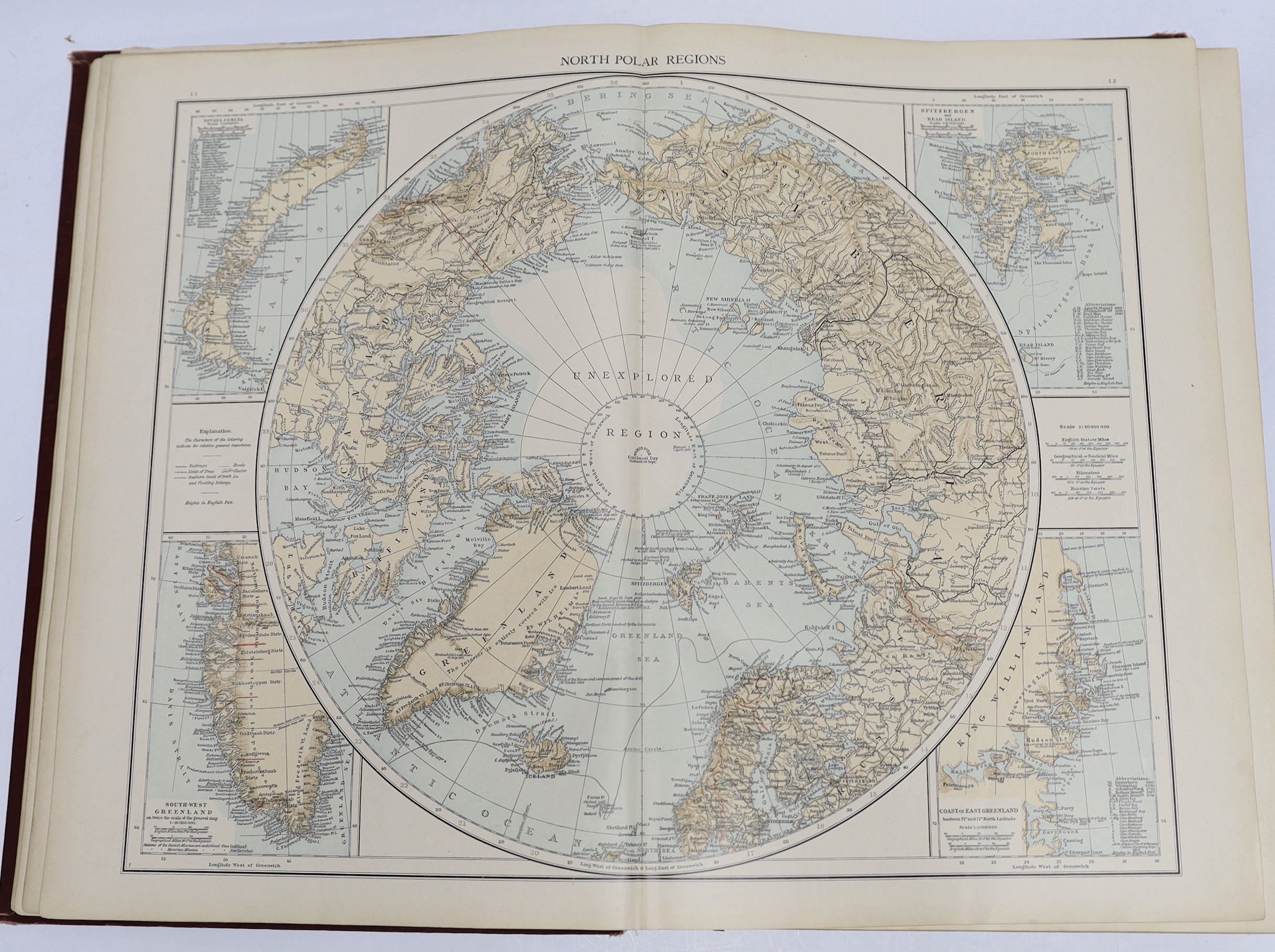 'The Times' Atlas. many d-page and other coloured maps, detailed letterpress index; publisher's gilt cloth, folio. 1899